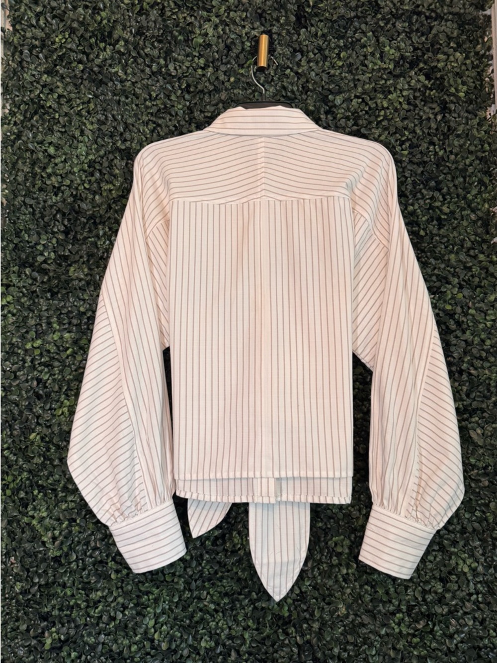 Cabi Tie-Front Striped Button-Up Shirt - White with Thin Taupe Stripes - Picture 4 of 5